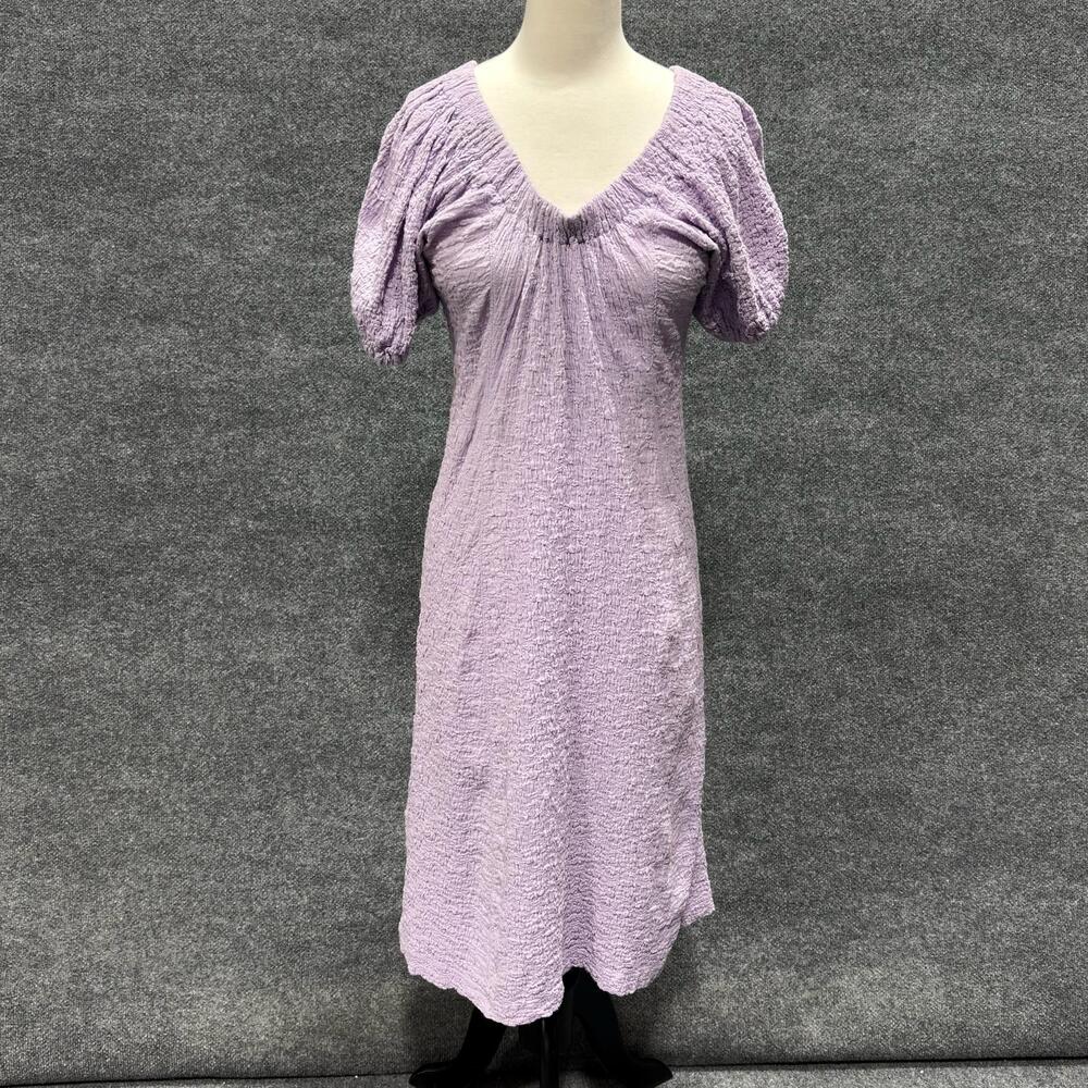 Stine Goya Dress Womens XS Purple Puff Sleeve Textured Midi A Line Viscose Boho